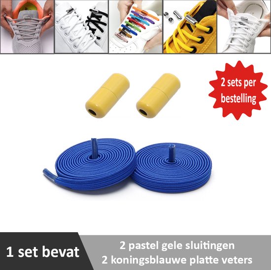 2 paar koningsblauwe platte elastische veters met pastel gele sluitingen. Je hoeft voortaan nooit meer je veters te strikken.