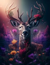 AI - Woondecoratie - Poster - Dieren - Hert - Bloemen en jungle - 53 - 80 x 120 cm