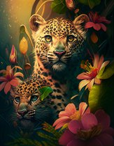 AI - Woondecoratie - Poster - Dieren - Tijgers - Bloemen en jungle - 50 - 60 x 80 cm