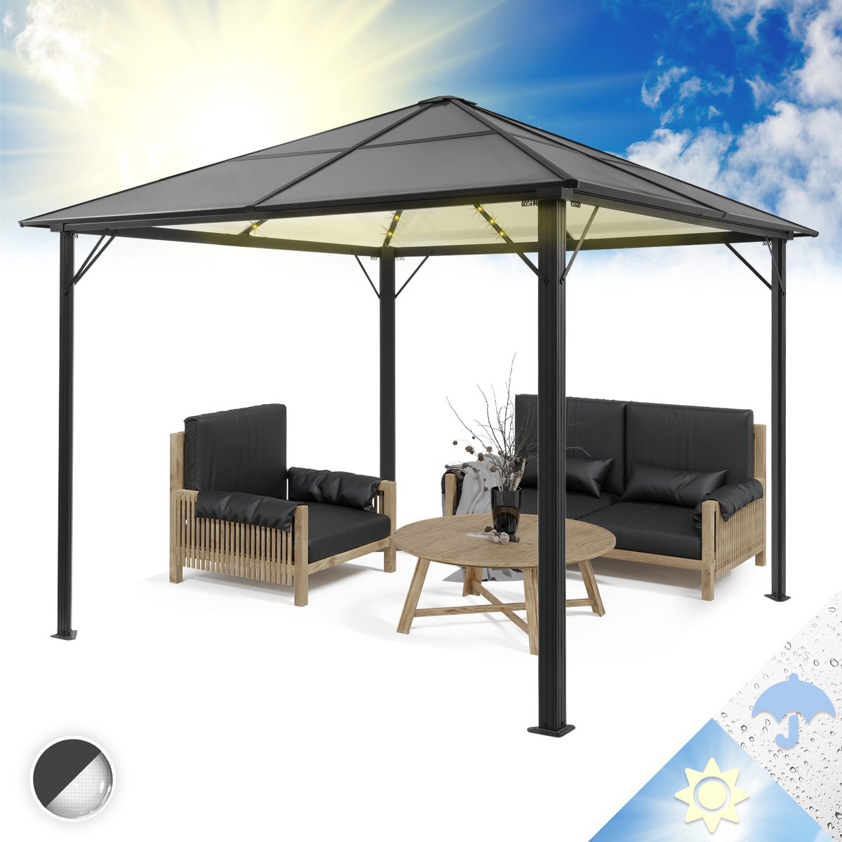 Blumfeldt Prieel 3X3M, Roestbestendig Aluminium Prieel Met Vast Dak & Dimbare Led-Verlichting, Waterdicht, Stabiel & Winterbestendig Prieel, Duurzame Vrijstaande Pergola, Tuinprieel Voor Terras