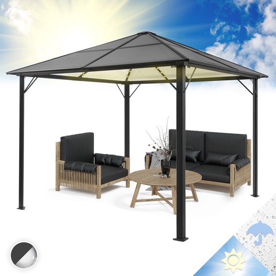 Blumfeldt Prieel 3X3M, Roestbestendig Aluminium Prieel Met Vast Dak & Dimbare Led-Verlichting, Waterdicht, Stabiel & Winterbestendig Prieel, Duurzame Vrijstaande Pergola, Tuinprieel Voor Terras