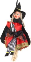 Halloween horror decoratie heksen pop op bezem - 20 cm - zwart/rood - Versiering/feestartikelen
