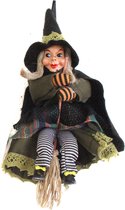 Halloween horror decoratie heksen pop op bezem - 20 cm - zwart/groen - Versiering/feestartikelen