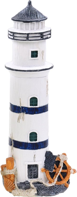 Figurine phare - Polystone - 10 x 23 cm - blanc/bleu - Décorations maritimes intérieur/extérieur