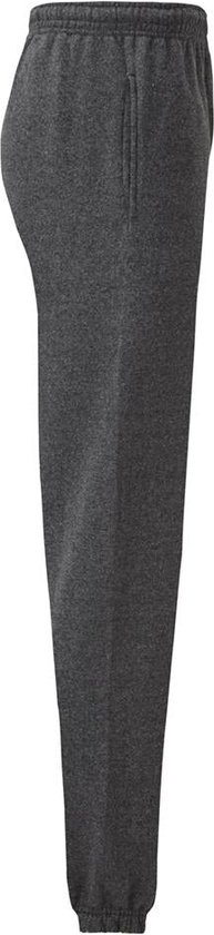 Zijaanzicht van een donkergrijze joggingbroek met elastische tailleband en boorden aan de enkels.