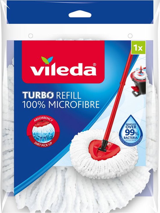 Recharge Vileda Turbo, 100% microfibre, serpillière rouge sous une étagère.