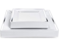 MATANA 40 Witte Vierkante Plastic Borden met Zilveren Rand voor Bruiloften, Verjaardagen, Doopfeesten, Kerstmis en Feesten (2 Maten: 20x24 cm, 20x16.5 cm) - Stevig & Herbruikbaar