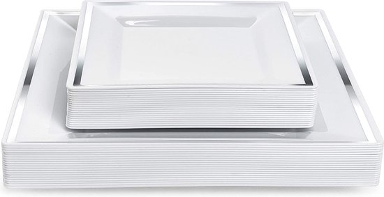 MATANA 40 Witte Vierkante Plastic Borden met Zilveren Rand voor Bruiloften, Verjaardagen, Doopfeesten, Kerstmis en Feesten (2 Maten: 20x24 cm, 20x16.5 cm) - Stevig & Herbruikbaar