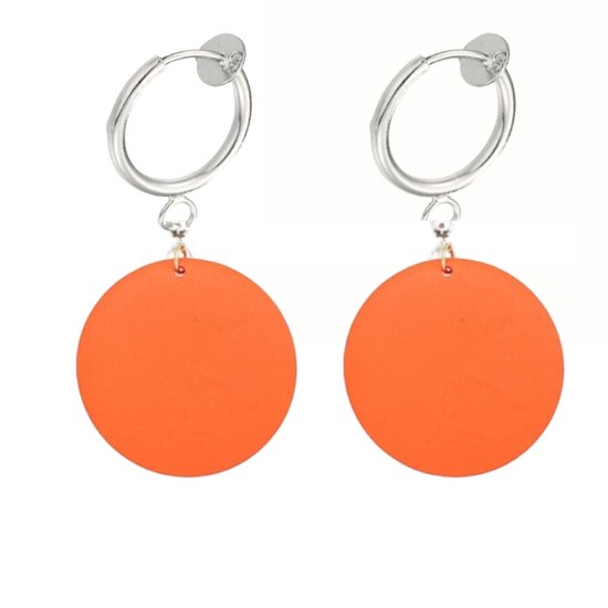 Klem Oorbellen - Oranje Hout - Rond - 2 cm
