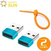 Colorful Sun® USB-A naar USB-C adapter - 2 stuks - USB A to USB C - Gratis kabel-organizer - USB A Male naar USB C Female - HUB - Verloop - Blauw / Blue