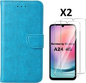 Hoesje Geschikt Voor Samsung Galaxy A24 hoesje bookcase portemonnee Met 2x screenprotector / Beschermglas - Blauw
