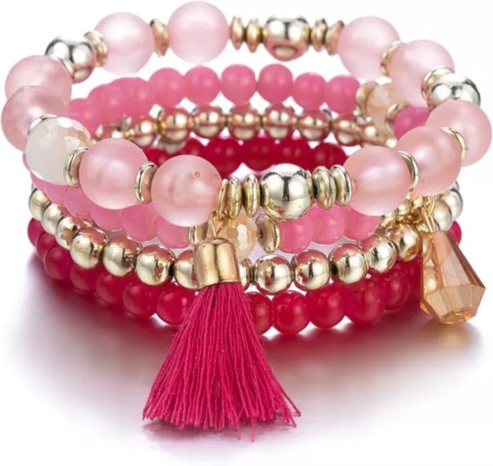 Ensemble Bracelet 4 Pièces - Mode Femme Boho - Perles Cristal Multicouches Rouges - Elastique Dame Femme - Cadeau Fête des Mères Saint Valentin