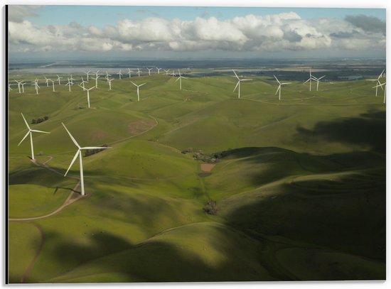 Dibond - Landschap - Heuvels - Gras - Windmolens - Wolken - 40x30 cm Foto op Aluminium (Met Ophangsysteem)