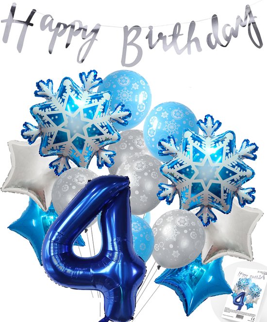 Cijferballon 4 Blauw - Frozen - Ijssterren - Ballonnen Megapakket - Slinger Feestvieren - Verjaardag Snoes