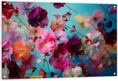 Tuinposter – Zee van Kleurrijke Bloemen tegen Blauwe Achtergrond - 120x80 cm Foto op Tuinposter (wanddecoratie voor buiten en binnen)