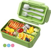 Lunchbox Bento Box voor Kinderen Volwassenen, 1100ml Bento Lunchbox met Compartimenten Lekvrije Lunchcontainer met Bestek Groen