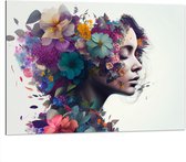 Dibond - Vrouw met Kapsel van Kleurrijke Bloemen tegen Witte Achtergrond - 100x75 cm Foto op Aluminium (Wanddecoratie van metaal)