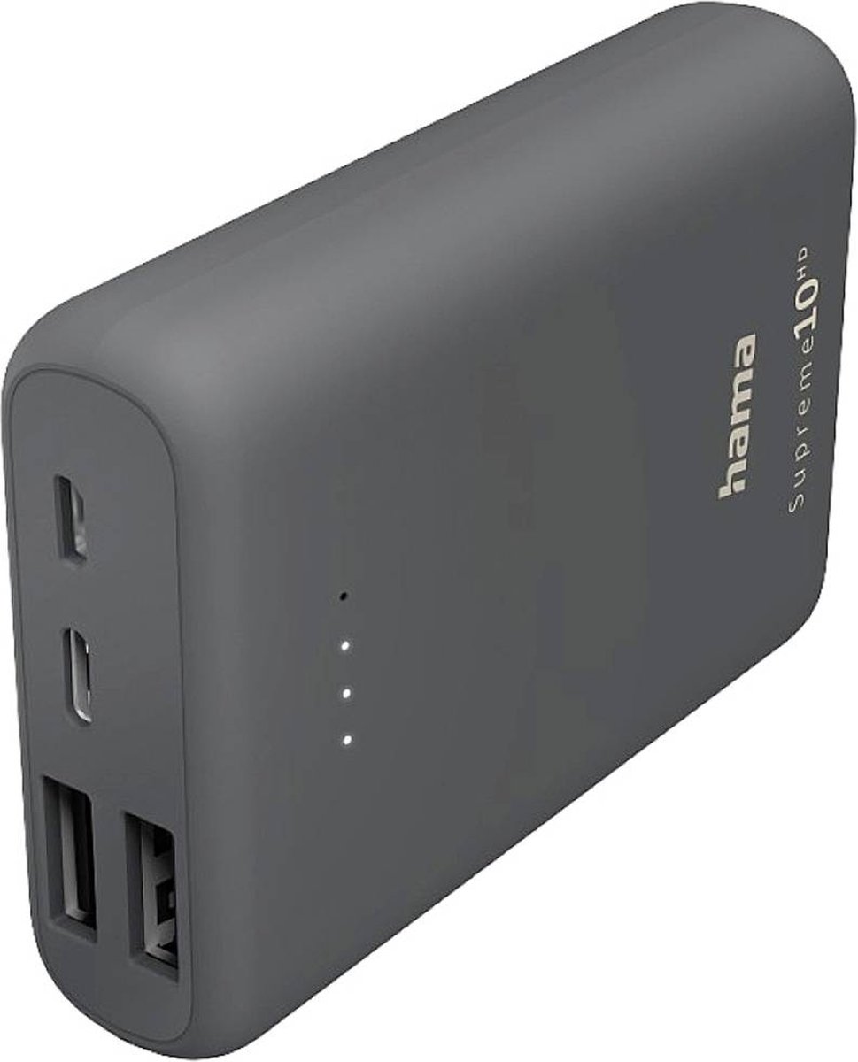 Hama Supreme 10HD USB-C Powerbank 10000mAh - 2 x USB-A / 1 x USB-C output - 1 x Micro-USB input - Geschikt voor iPhone en Samsung - Grijs