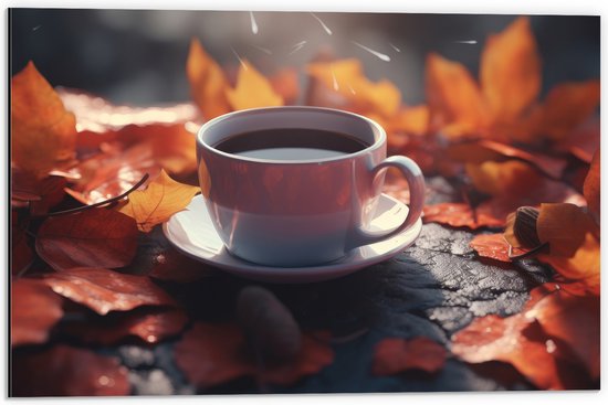 Dibond - Verse Kop Koffie tussen Herfstbladeren - 60x40 cm Foto op Aluminium (Wanddecoratie van metaal)