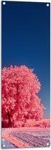 Tuinposter – Landschap - Boom - Weg - Planten - Zand - Roze - 40x120 cm Foto op Tuinposter (wanddecoratie voor buiten en binnen)