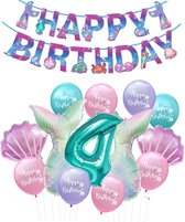 Snoes - Zeemeermin Feest Set - Ballonnenpakket met Happy Birthday Slinger - Turquoise Mint Cijfer Ballon 4 Jaar