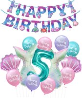 Snoes - Zeemeermin Feest Set - Ballonnenpakket met Happy Birthday Slinger - Turquoise Mint Cijfer Ballon 5 Jaar