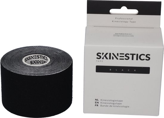 Skinestics Kinesiologie tape – Sport tape – Fysio tape – Kleur Zwart – nu 20% langer, 600 cm lang bij 5 cm breed, 170% rekbaar gelijk aan menselijke huid, standaard voorzien van extra sterke lijm, katoen, voor het hele lichaam, medical taping