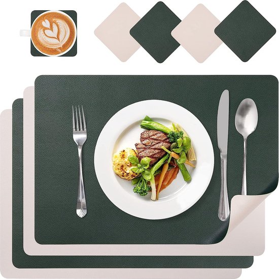 Placemats afwasbaar PU leer en onderzetters, set van 4 dubbelzijdige