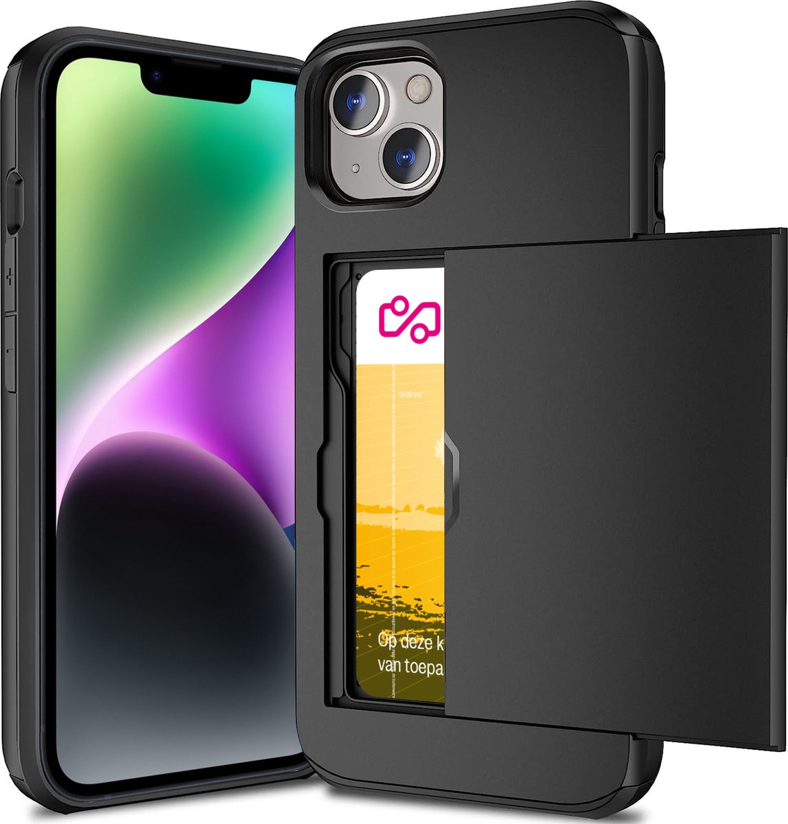 Hoesje met Pasjeshouder geschikt voor iPhone 14 - Back Cover SlideCase Zwart