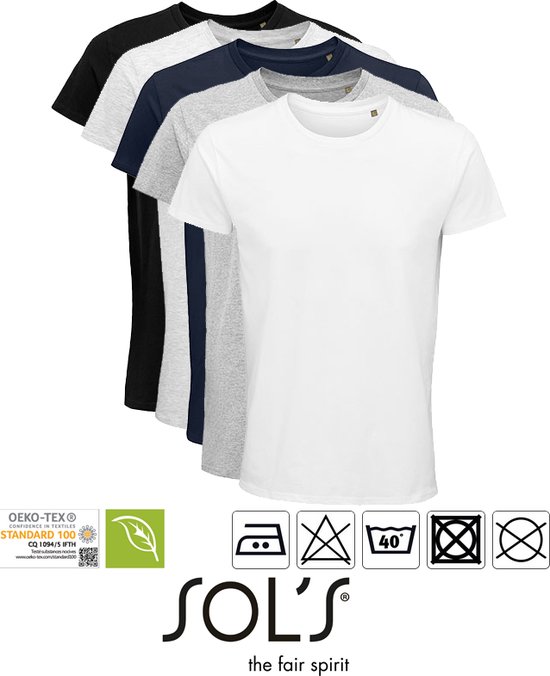 5 Pack Sol's Heren T-Shirt 100% biologisch katoen Ronde hals Zwart, Donker Blauw, Grijs / Lichtgrijs gemeleerd, wit Maat S