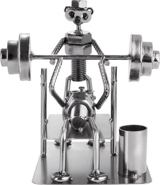 BRUBAKER Schroef Man Bodybuilder Bench Press - Handgemaakte IJzer Figuur Metal Man - Metalen Figuur met Pen Houder - Gift voor Krachtsporten, Sportscholen, Atleten en Bodybuilders