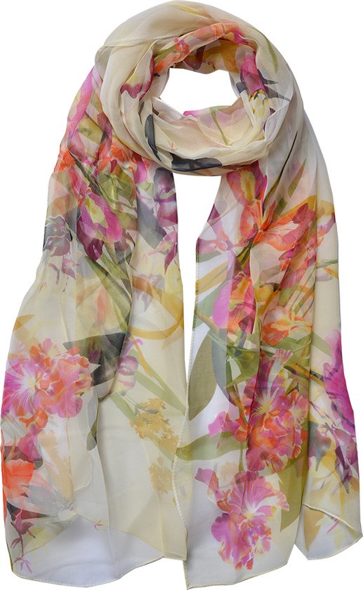 Juleeze Sjaal Dames Print 50x160 cm Wit Roze Bloemen