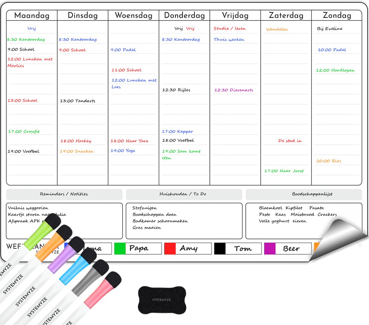 Systemyze Weekplanner Whiteboard – Magnetisch Planbord – Magnetische Maandplanner – Inclusief Markers & Wisser – A3 Formaat - Systemyze