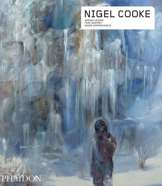 Een schilderij met een persoon in een winterjas en skibril in een ijzig landschap, getiteld Nigel Cooke.