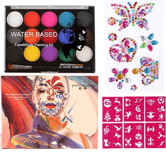 Veilig Schmink Kinderen -15 kleuren & 2 penselen & 6 sjablonen & Glitters op waterbasis - veiligheidscertificering- Schminkset - Make up Kinderen - Face paint palette - Grime Schmink palet - Kinderschmink voor mooi grimas - Grimeren