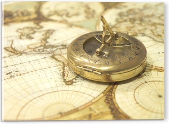 Acrylglas - Gouden Kompas op Wereldkaart - 40x30 cm Foto op Acrylglas (Wanddecoratie op Acrylaat)