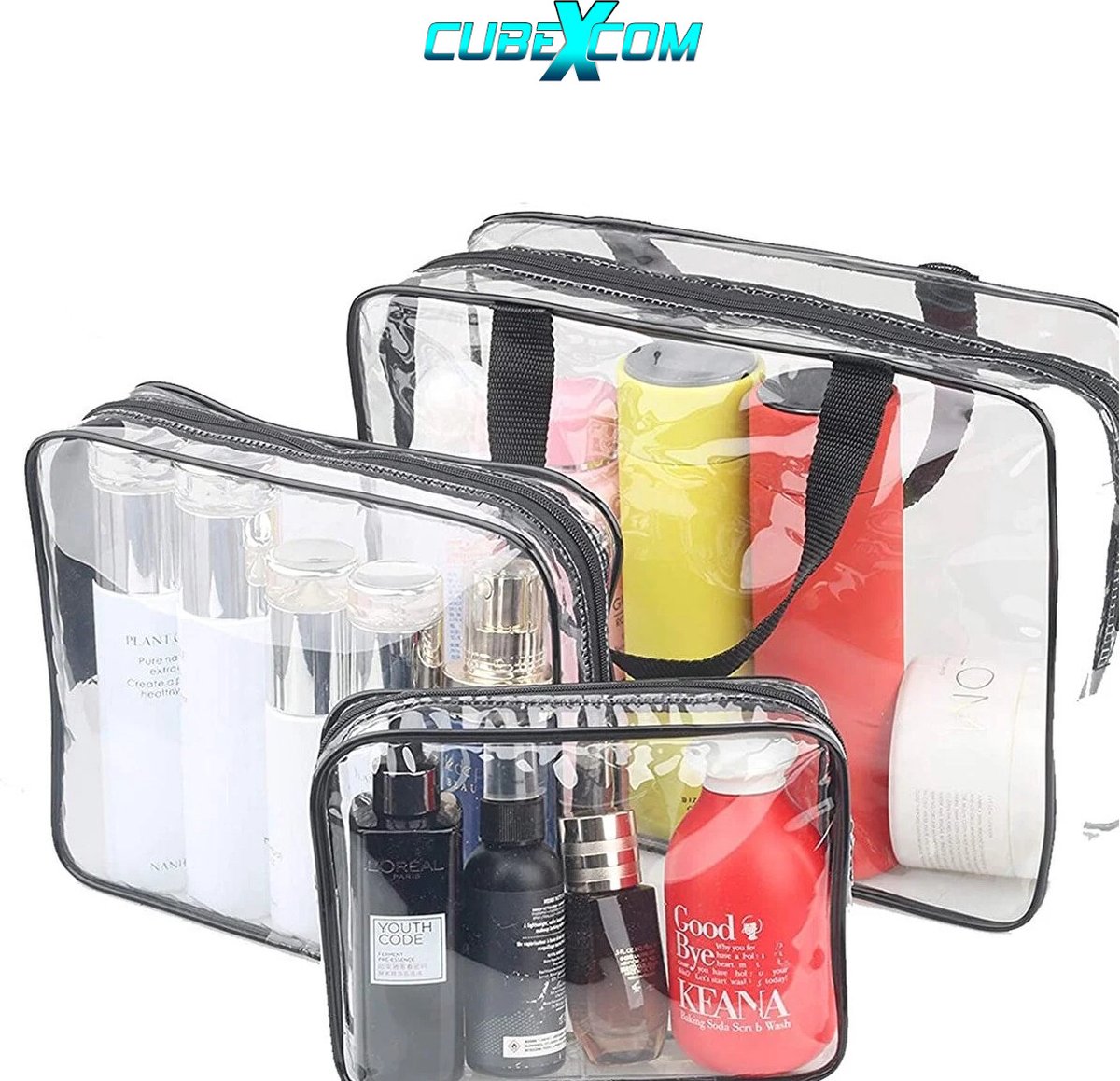 CUBEXCOM® Toilettas, Transparant, 3 STUKS Make-Up Tasje, Make Up Koffer, Beautycase, Make Up Tas Organizer, Toilettas Dames, Make Up Tas Organizer, Make Up Etui, Beautycase Koffer, Doorzichtige PVC Transparante Toilettas, (Large,Medium,Small)