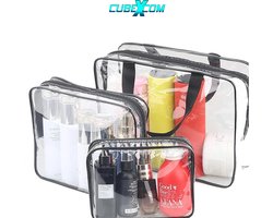 CUBEXCOM® Toilettas, Transparant, 3 STUKS Make-Up Tasje, Make Up Koffer, Beautycase, Make Up Tas Organizer, Toilettas Dames, Make Up Tas Organizer, Make Up Etui, Beautycase Koffer, Doorzichtige PVC Transparante Toilettas, (Large,Medium,Small)