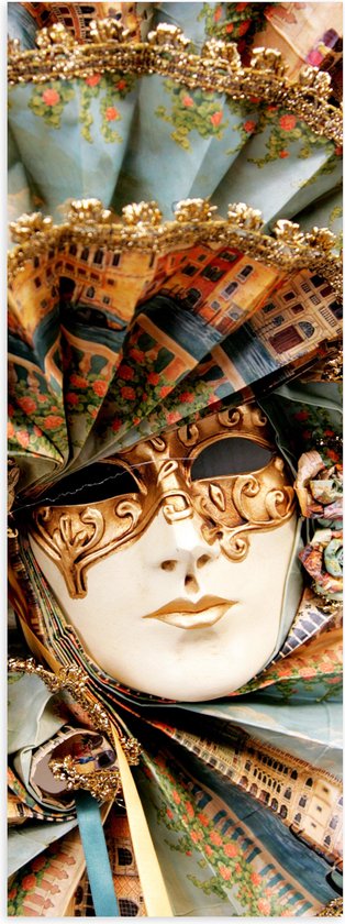 Poster (Mat) - Prachtig Masker met Blauwe Kraag en Gouden Details - 20x60 cm Foto op Posterpapier met een Matte look