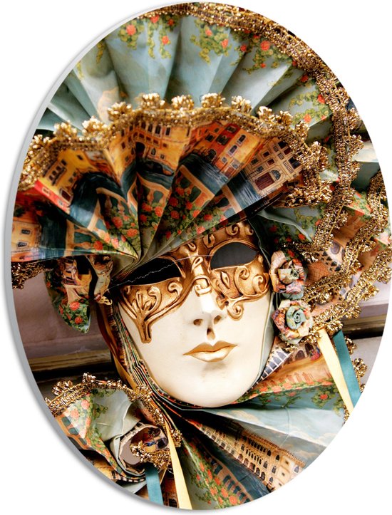 PVC Schuimplaat Ovaal - Prachtig Masker met Blauwe Kraag en Gouden Details - 21x28 cm Foto op Ovaal (Met Ophangsysteem)