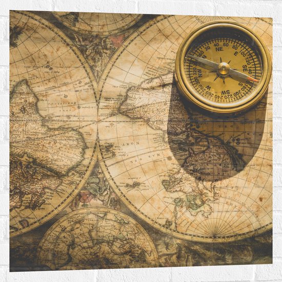 Muursticker - Kompas met Wereldkaarten - 80x80 cm Foto op Muursticker