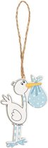 Decoratie Hanger Houten Ooievaar wit met blauw aan houten koord - ooievaar - geboorte - genderreveal - zwanger - baby - gelukshanger