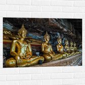 Muursticker - Rijen Gouden Boeddha's in Wat Tham Khuha Sawan Tempel in Thailand - 90x60 cm Foto op Muursticker