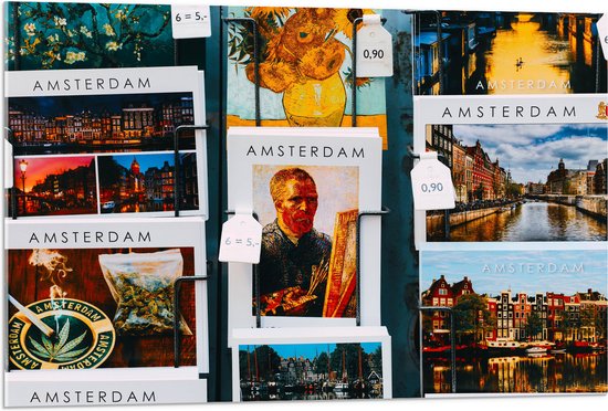 Acrylglas - Amsterdamse Ansichtkaarten in het Rek - 90x60 cm Foto op Acrylglas (Wanddecoratie op Acrylaat)
