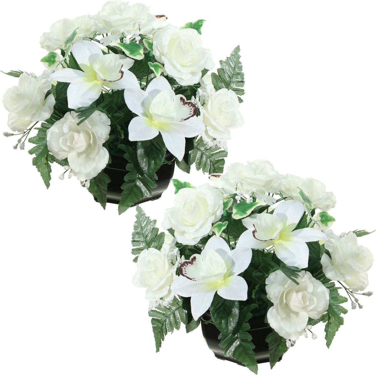Louis Maes Kunstbloemen plantje in pot - 2x - kleuren creme/wit - 25 cm - Bloemstuk ornament - orchidee/rozen met bladgroen
