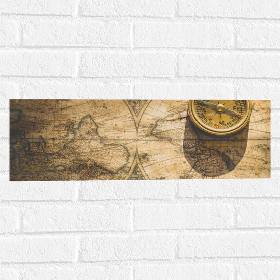Muursticker - Kompas met Wereldkaarten - 60x20 cm Foto op Muursticker