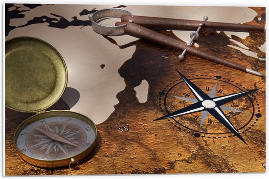 PVC Schuimplaat- Kompas op Wereldkaart - 60x40 cm Foto op PVC Schuimplaat