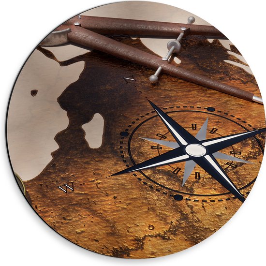 Dibond Muurcirkel - Kompas op Wereldkaart - 30x30 cm Foto op Aluminium Muurcirkel (met ophangsysteem)
