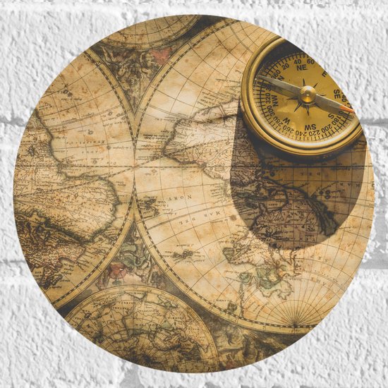 Muursticker Cirkel - Kompas met Wereldkaarten - 20x20 cm Foto op Muursticker