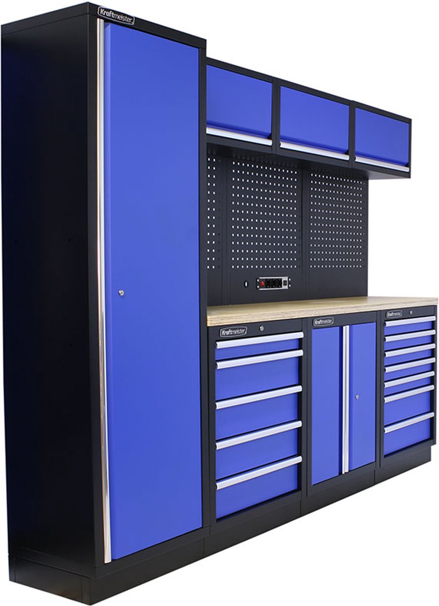 Kraftmeister werkplaatsinrichting - Werkbank met 3 wandkasten, 1 werkplaatskast, 1 opbergkast en multiplex werkblad - Werktafel met 12 laden en gereedschapswand - Complete set voor werkplaats of garage - Blauw